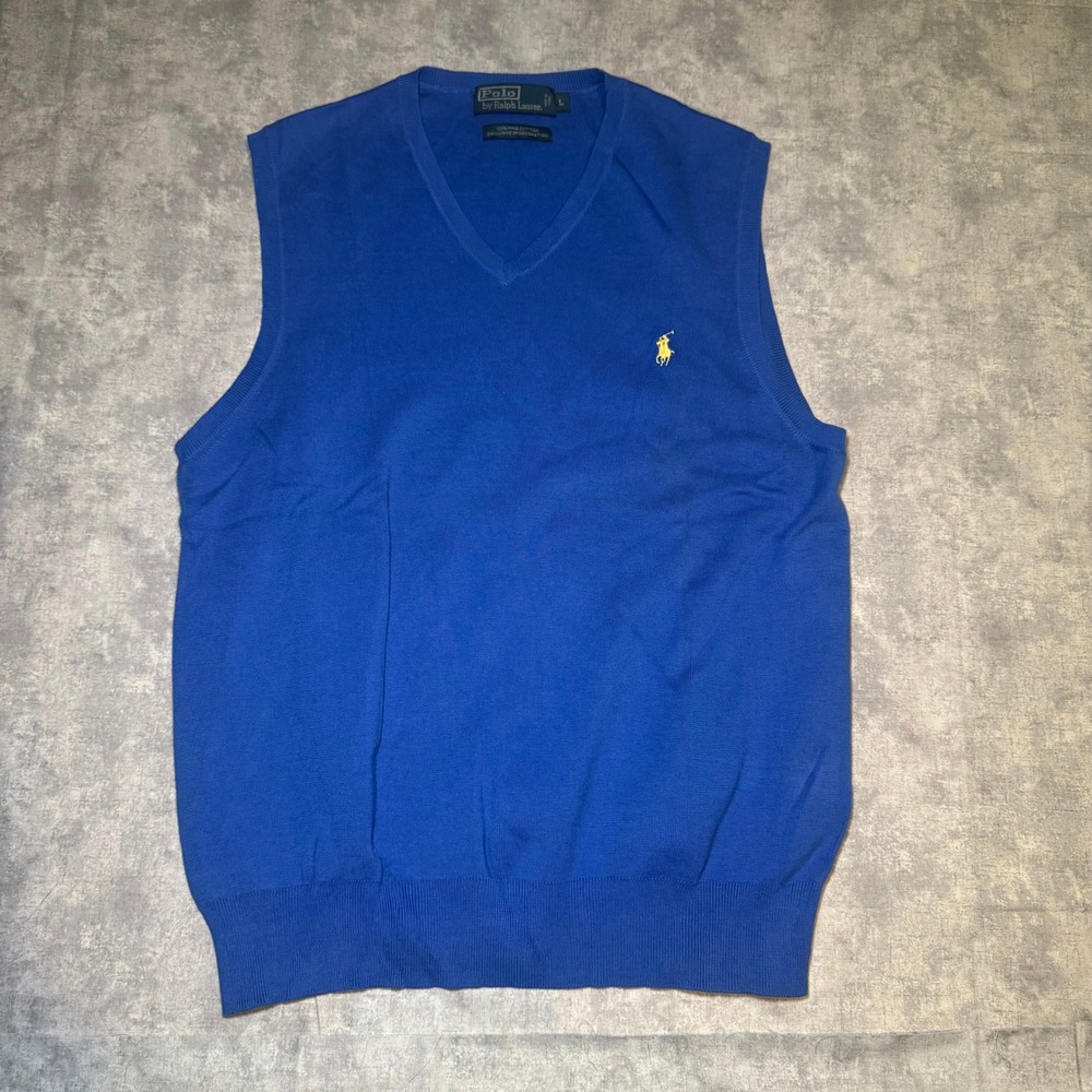 Polo Ralph Lauren Blue Pima Cotton V-Neck Sweater Vest Yellow Pony Logo Mens L
